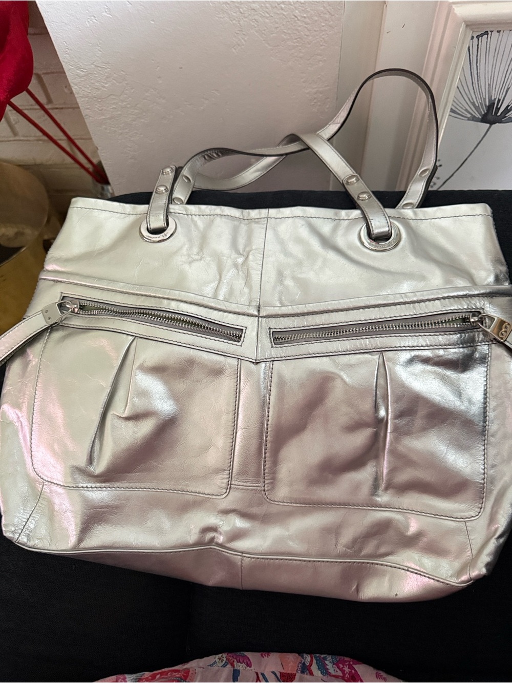 b. Makowsky Metallic Silver Tote Bag with Front Zip Pockets